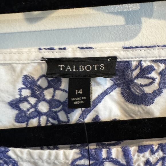 New Talbots Peplum Top Blue Embroidered Floral Scalloped Hem Short Sleeve Sz 14 - Picture 3 of 6